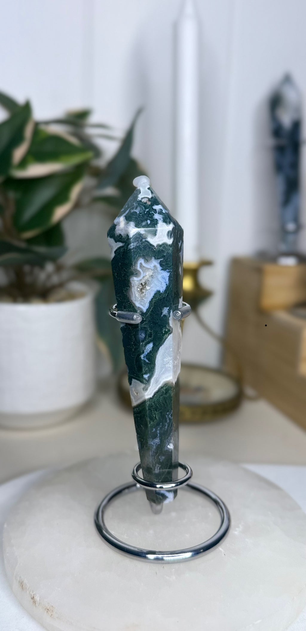 Moss Agate Wand with Stand