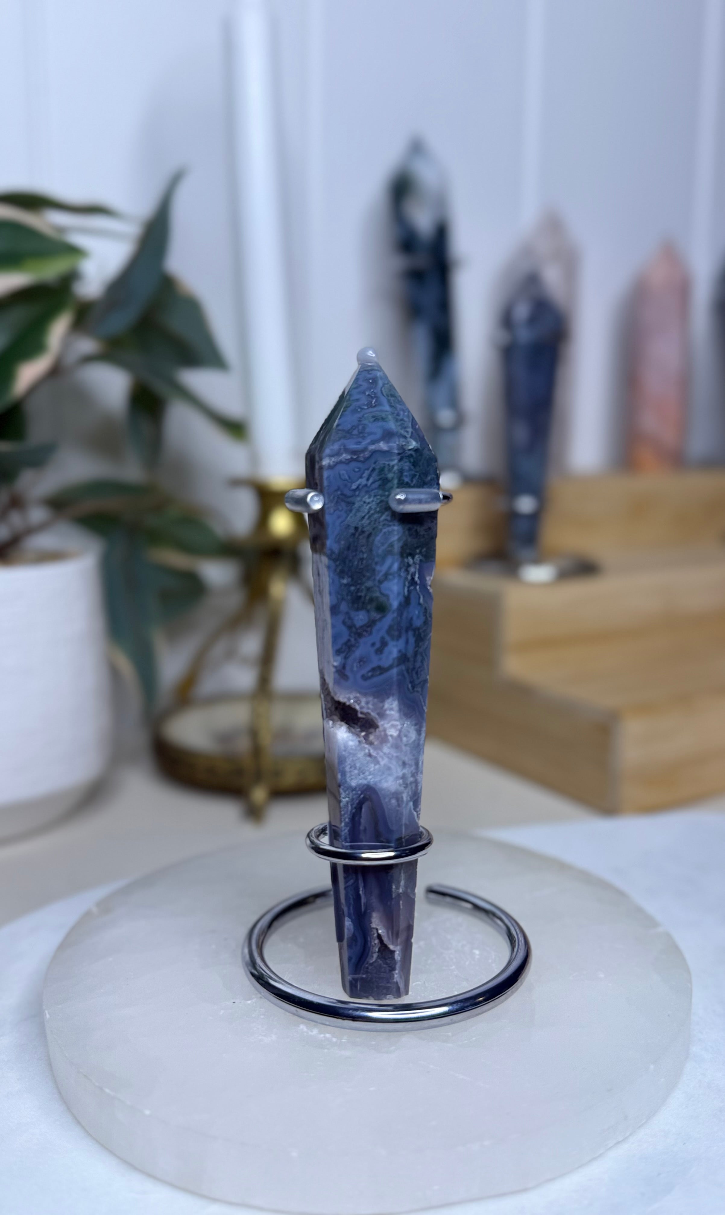 Moss Agate Wand With Stand