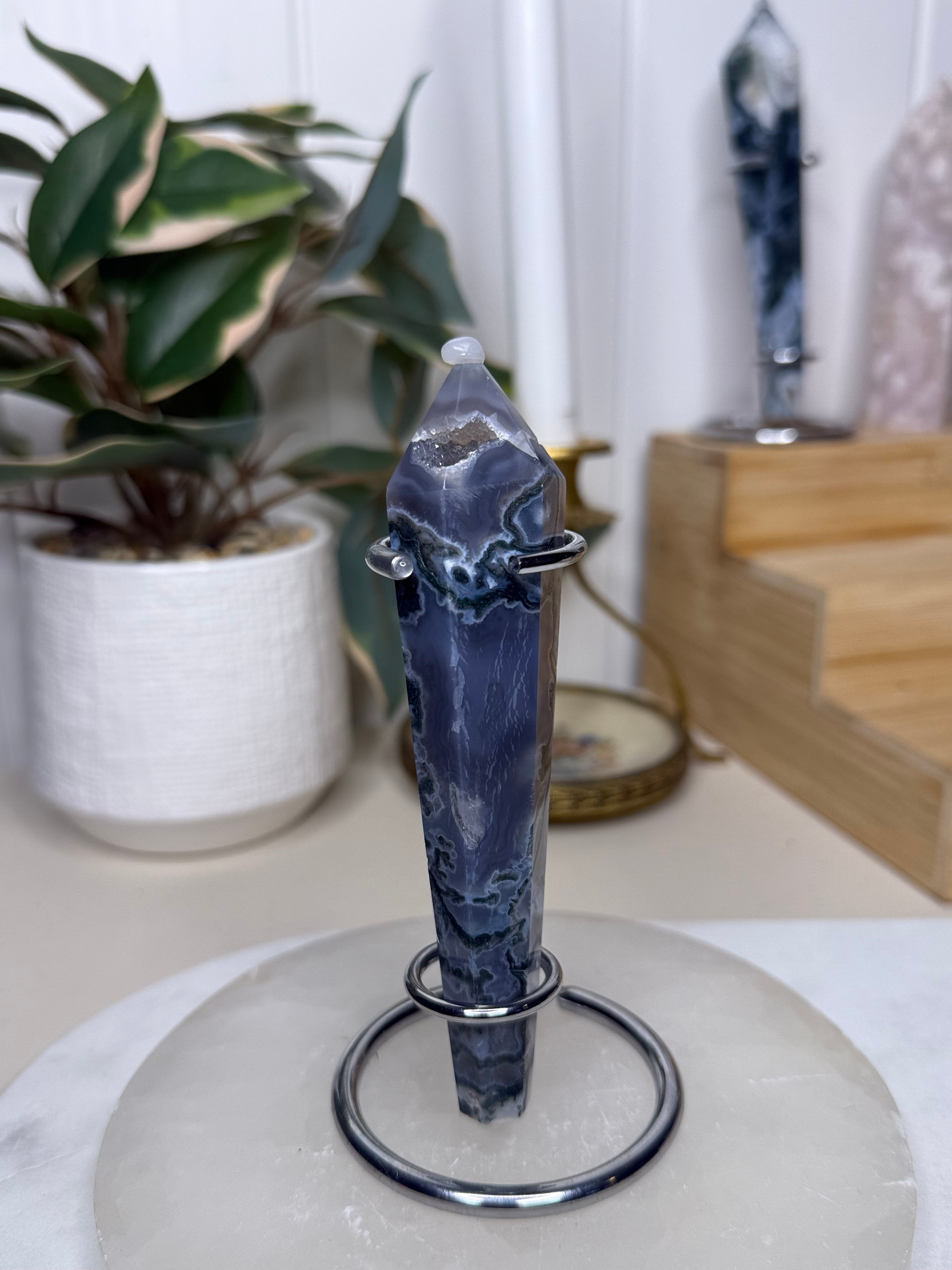 Moss Agate Wand with Stand
