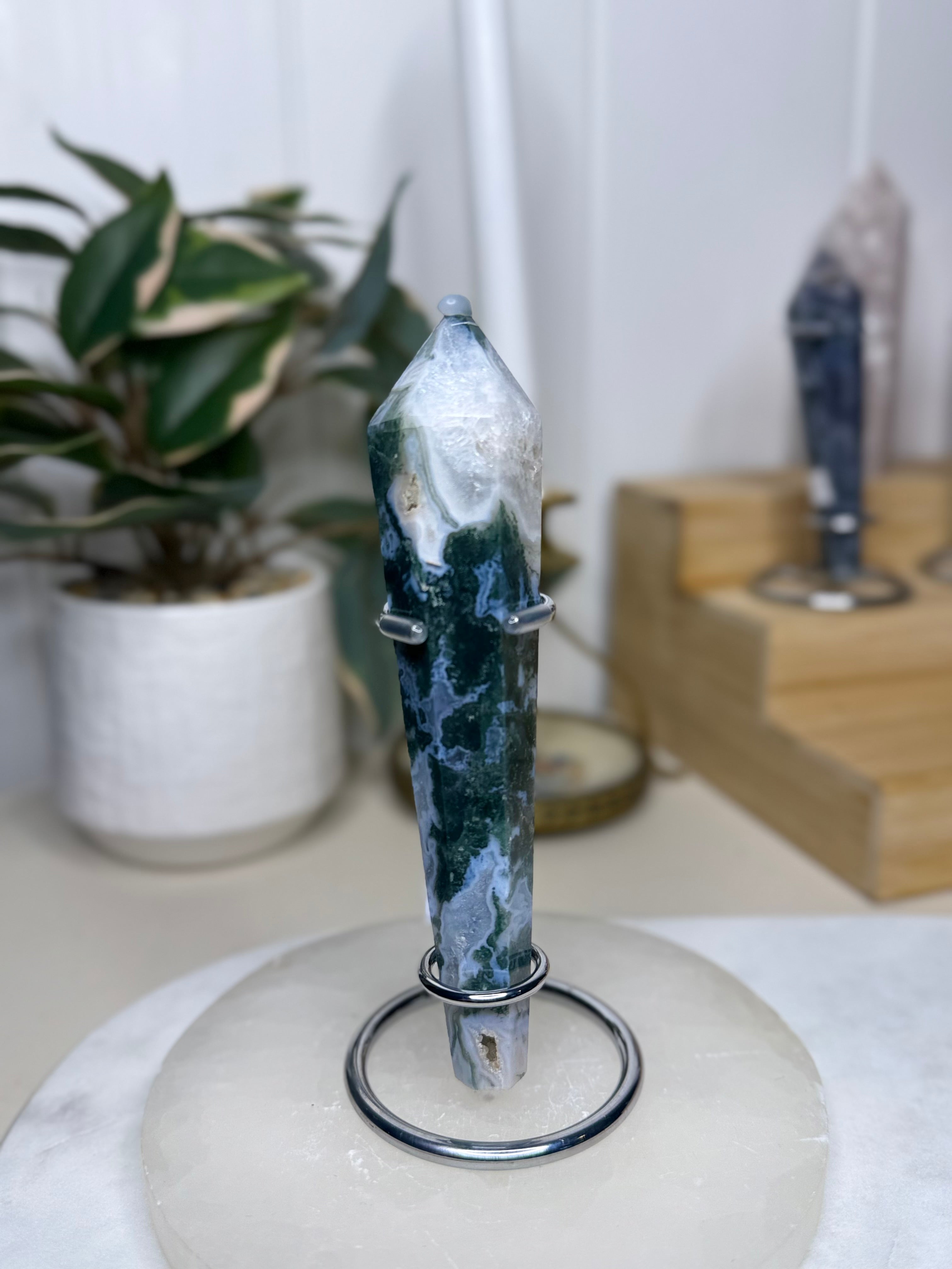 Moss Agate Wand with Stand