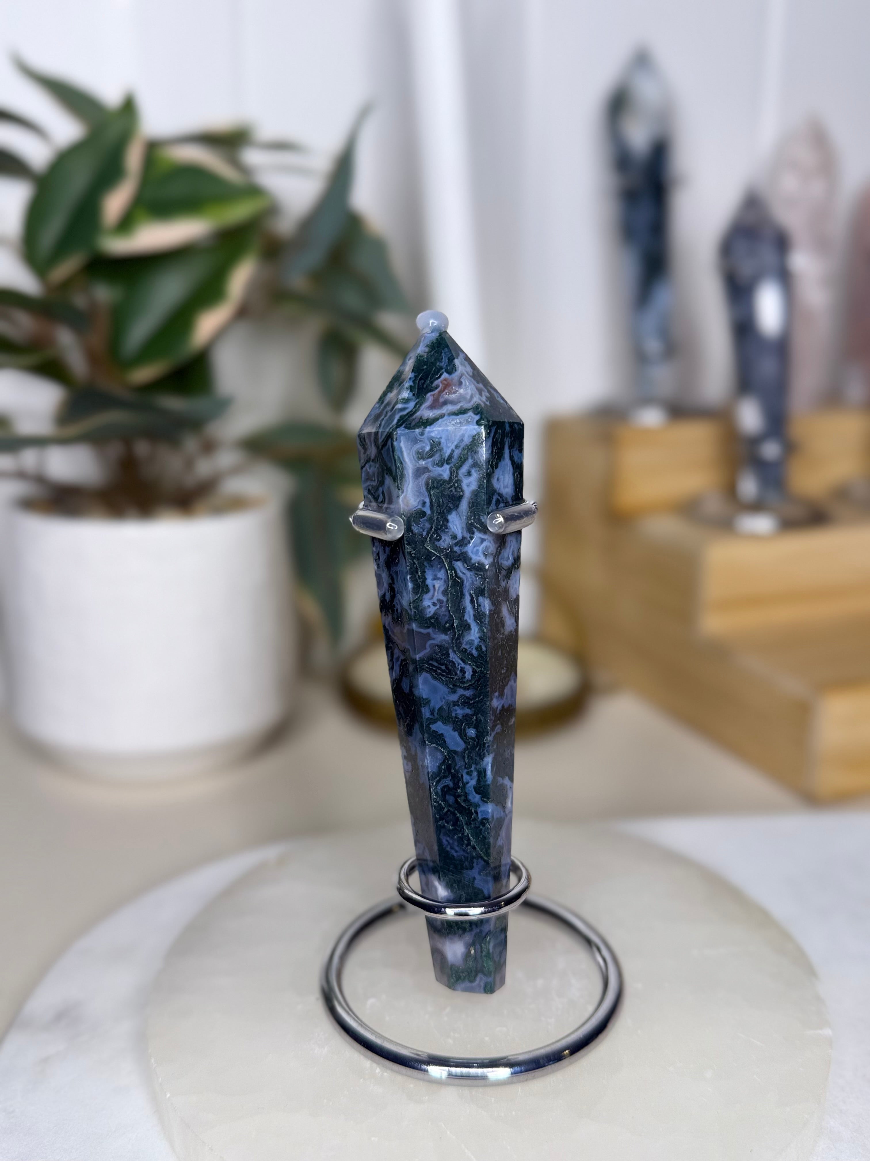 Moss Agate Wand with Stand