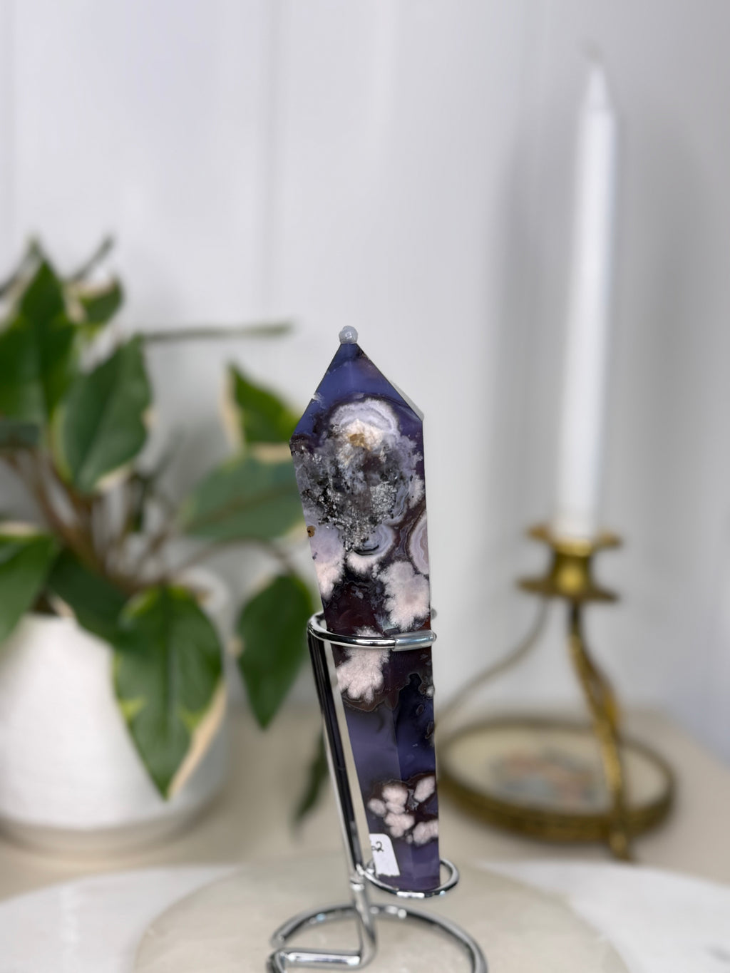 Blue Flower Agate Wand with Stand