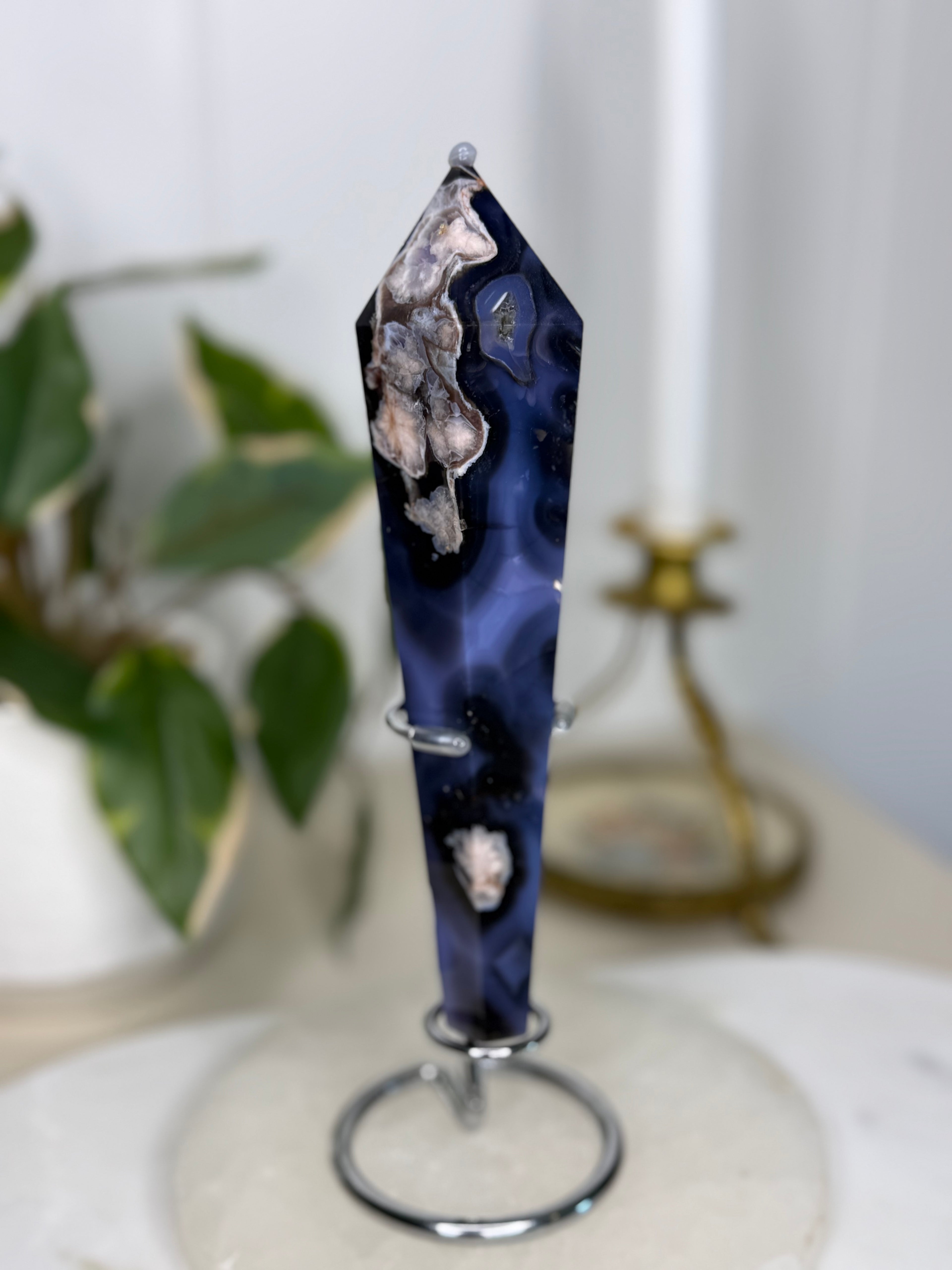 Blue Flower Agate Wand with Stand